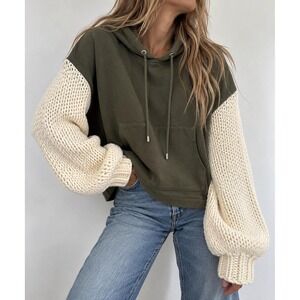 The Odells Brielle Mixed Media Hoodie Chunky Knit Balloon Sleeve Boho Crochet M
